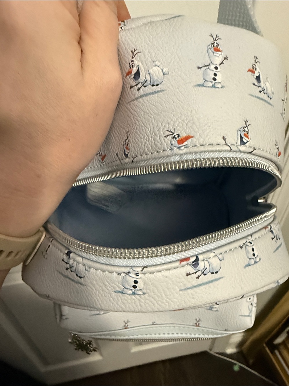 Loungefly Olaf Mini Backpack - Light Blue with Snowman Print - Picture 2 of 7